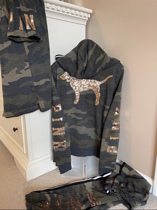 PINK Victoria's Secret Tops - Victoria Secret Pink Camo Jogget Jacket T Shirt Set Bling Size S 3pcs Rare